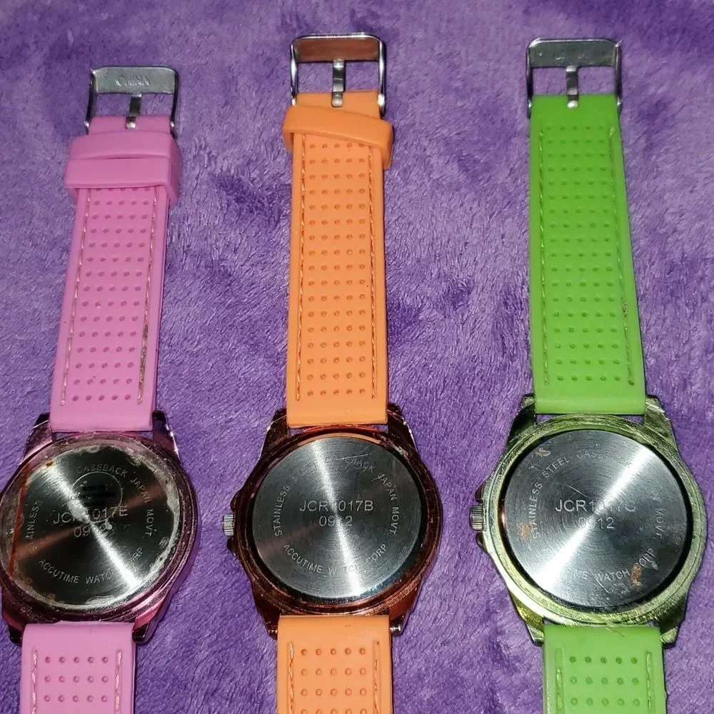 3 Matching Watches Green Pink Orange Accutime JCR1017C‎ JCR1017B JCR1017E